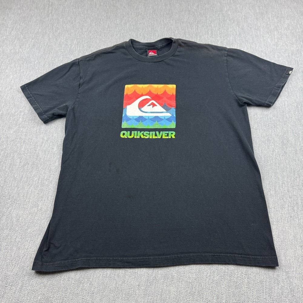 Vintage Quicksilver Shirt Mens Large Black Surfing Wave Board Logo Graphic Tee